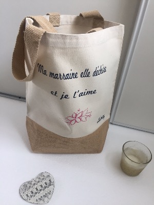 Sac Jute et coton "Ma marraine elle déchire et je l'aime"